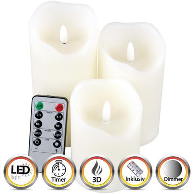 LED-Kerze 3er Set mit Fernbedienung Timer flackernd Batterie Echtwachs Dekokerze