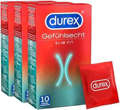 Durex Gefühlsecht Slim Fit Kondome – Hauchzarte Kondome – 10 Stück (3er Pack)