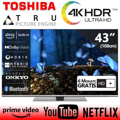 Toshiba 43 Zoll Fernseher 4K Ultra UHD Smart TV 43" Prime Netflix WLAN HD HDR