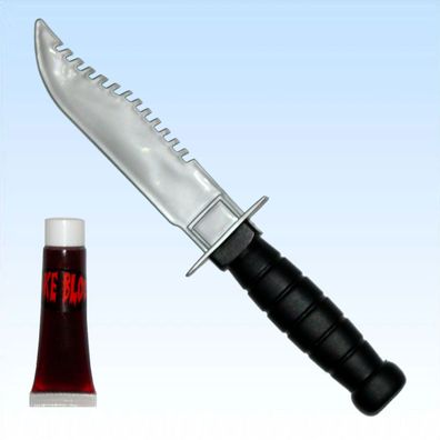 Survivalmesser mit 100 ml Blut Messer Sägemesser Kunstblut Halloween Theatermesser