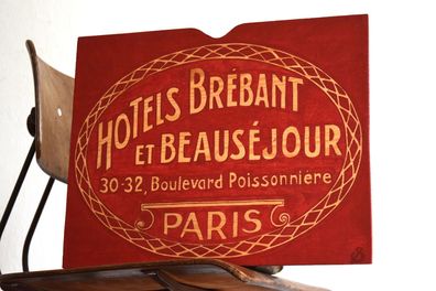 Schild handgemalt 30 x 38cm Groß "Hotel Brebant Paris" Vintage Holz Bild Jugendstil