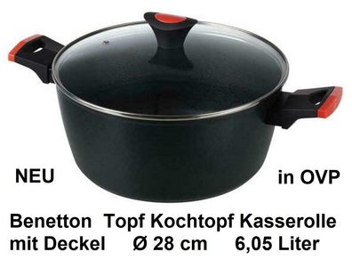 Benetton Topf Kochtopf Kasserolle mit Deckel Ø 28 cm 6,05 Liter. NEU & in der OVP