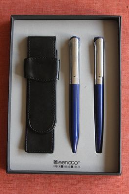 Schreibset; 2teilig, Kugelschreiber und Tintenroller ; blau, mit Lederetui, OVP