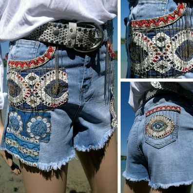 Short kurze Hose Damen Jeans S-M-L-XL Onado Paris Stickerei blau ausgewaschen