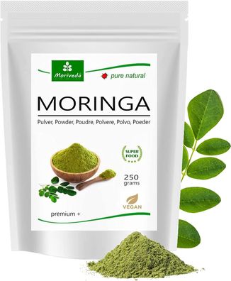 MoriVeda® Moringa Oleifera Blattpulver Premium PLUS, Qualitätsgarantie (1x250g)