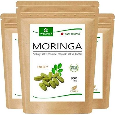 MoriVeda® Moringa Energy Tabs 950mg, Nährstoffwunder 100% Natur, Vegan (3x120)