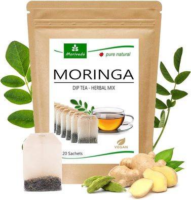 MoriVeda® Moringa Dip Tee - Moringa - 100% natürlich, vegan (1x20 Beutel)