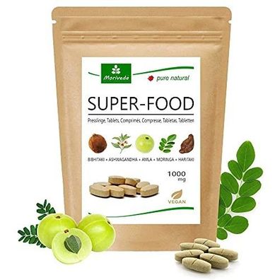 MoriVeda® Superfood Tabletten 1000mg | Moringa + Ashwagandha + Triphala | 120 St.