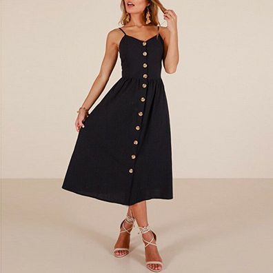 Damen Maxi Knöchel langes schwarzes Kleid Strandkleid ohne Ärmel V-Ausschnitt