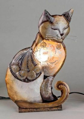 661609 Muschel Lampe Katze sitzend auf Sockel 35cm aus Metall
