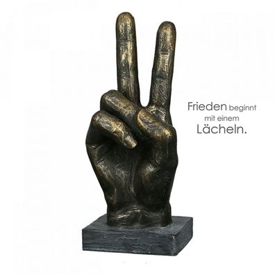 89341 Skulptur Peace Poly bronzefarben Hand mit Peace-Zeichen-Finger auf Basis