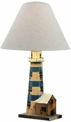 Tischlampe mit Stoffschirm- Metall Shabby- Leuchtturm blau