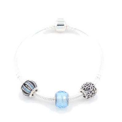 Armband mit Charms "Blaue Eleganz", 925er Silber, 16-21cm, passt zu Pandora