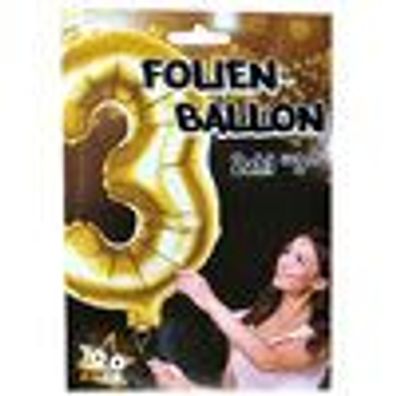 1 Stück Riesen-Folien-Ballon Heliumballon Zahl Drei - 3- , gold 1m groß