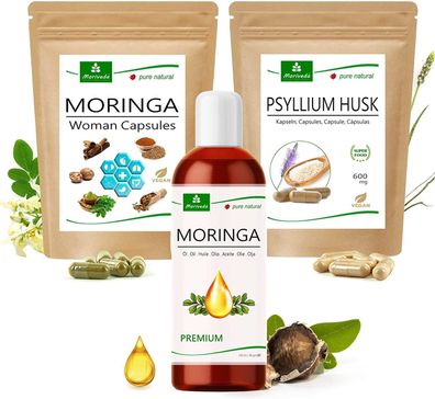 MoriVeda® "Frauenpower" Produktpaket mit Psyllium Husk, Moringa Woman, Premium Öl
