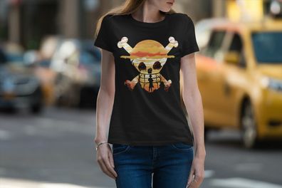 One Piece Totenkopf Piraten Ruffy Luffy Anime DamenT-Shirt Bio Baumwolle