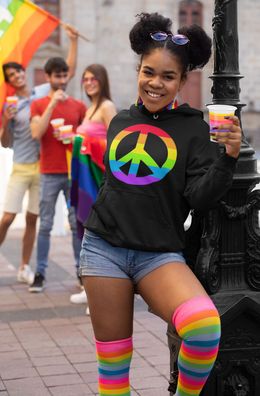 Damen Hoodie Kapuzenpullover Peace-Zeichen Regenbogen Rainbow Frieden Graffiti