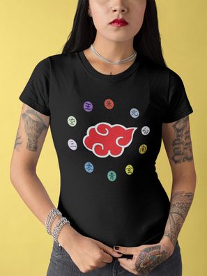 Naruto Akatsuki Logo Rote Wolken und Ring Zeichen Symbole Anime T-Shirt Damen