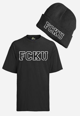FCKu Fuck You Beleidigung Sprich Fick Dich FCK Set Wintermütze & Herren T-Shirt