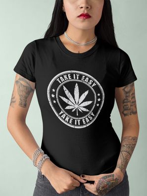 Bio Damen T-Shirt Marihuana Blatt Cannabis Blüte Kiffer Shirt Take it easy girl