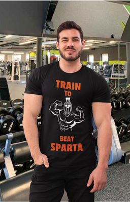 Herren Baumwolle T-Shirt Train to Beat Sparta Gym Sport Bodybuilding Fitness
