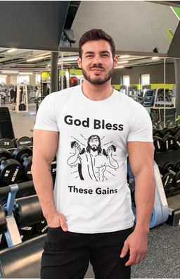 Herren Baumwolle T-Shirt God Bless these Gains Gym Sport Bodybuilding Fitness