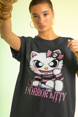 Bio Oversize Damen T-Shirt Horror Hello Kitty Shirt Böses Kätschen Monster