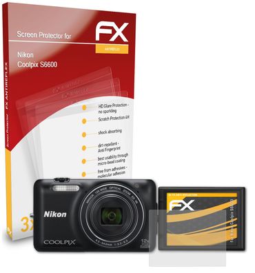 atFoliX 3x Schutzfolie kompatibel mit Nikon Coolpix S6600 Panzerfolie matt&stoßfest