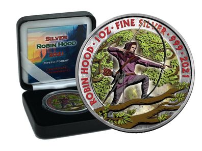 Robin Hood 2022 Mystic Forest Farbe 1 oz 999 Silbermünze Box & Coa Aufalge 250
