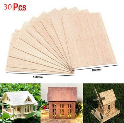 30X Holz Platte Modell Balsaholz Blatt DIY Haus Schiff Flugzeug Form 100 150 2mm