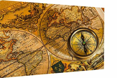 Leinwand alte Weltkarte Kompass Bilder Wandbilder - Hochwertiger Kunstdruck