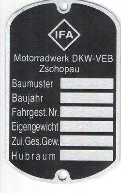 Typenschild IFA Motorradwerk- VEB Zschopau, Alu, Blank, Neu, Motorrad, Oldtimer
