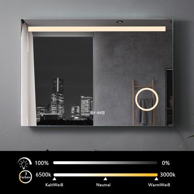 Badspiegel 120 x 80 mit Beleuchtung LED Touch Rechteckig Wandspiegel Kaltweiß Uhr