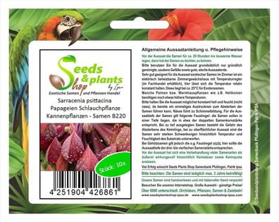 10x Sarracenia psittacina Papageien Schlauchpflanze Kannenpflanzen - Samen B220