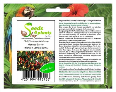 10x Chili Tabasco Heirloom Genuss Garten Pflanzen Samen B1973