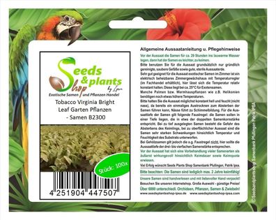100x Tobacco Virginia Bright Leaf Garten Pflanzen - Samen B2300