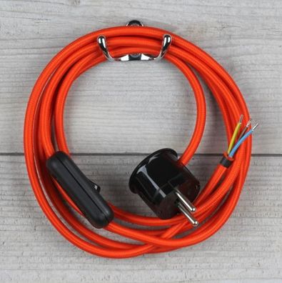 Textilkabel Anschlussleitung 2-5m orange mit Schalter u. Schutzkontakt Winkelstecker