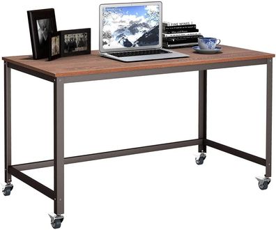 Schreibtisch rollbar, Computertisch mit stabilem Metallrahmen, Bürotisch mit 4 Rädern