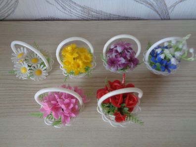 6 Kunstblumen Blumenkörbchen, Frühlingsblüher, Ostern 70er Jahre aus Plaste