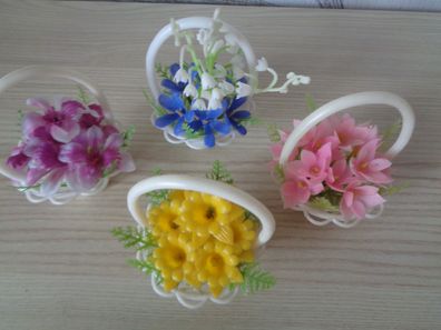 4 Kunstblumen Blumenkörbchen, Frühlingsblüher, Ostern 70er Jahre aus Plaste