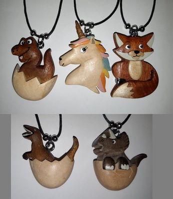 1 Kette Dino Einhorn Fuchs Tier Tiere Holzanhänger Ketten Modeschmuck Holzkette