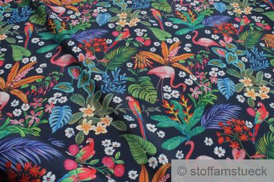 Stoff Polyester Leinwand dunkelblau Dschungel Flamingo wasserabweisend outdoor