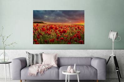 Glasbilder - 120x80 cm - Sonnenuntergang - Mohnblumen - Rot (Gr. 120x80 cm)