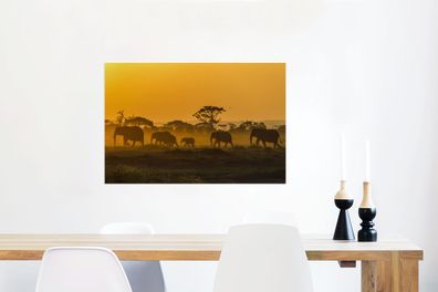 Glasbilder - 90x60 cm - Elefantenherde bei Sonnenaufgang (Gr. 90x60 cm)