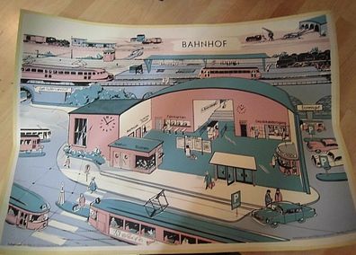 50er 60er Jahre Plakat Bahnhof Lehrmaterial 100x70,5 rare 50s 60s
