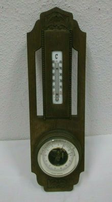 Jugendstil Wetterstation Thermometer Barometer Holz Handarbeit Schnitzarbeit