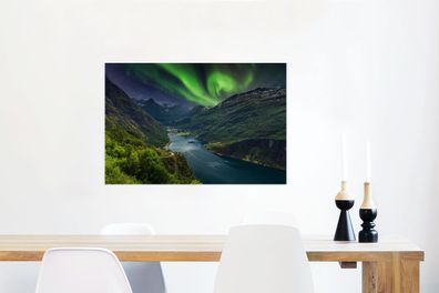 Glasbilder - 90x60 cm - Nordlichter - Berg - Boot - Norwegen (Gr. 90x60 cm)