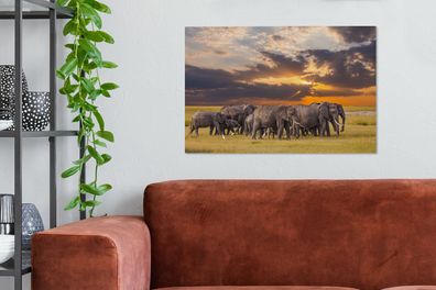 Leinwandbilder - 90x60 cm - Elefantenherde an einem See (Gr. 90x60 cm)