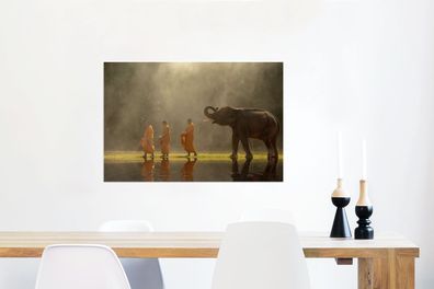 Glasbilder - 90x60 cm - Elefant mit Mönchen (Gr. 90x60 cm)