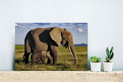 Glasbilder - 30x20 cm - Mutter und Baby-Elefant durch die Savanne (Gr. 30x20 cm)